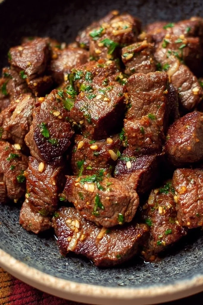 Garlic butter steak bites served on a plate with herbs