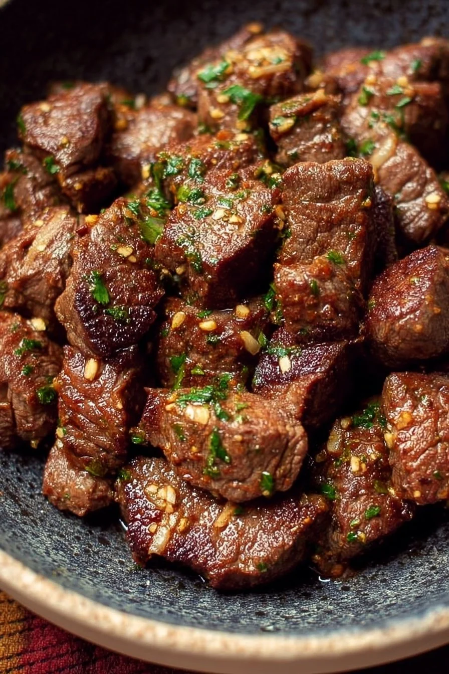 Garlic butter steak bites served on a plate with herbs