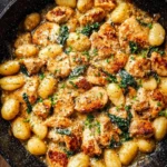Garlic Chicken Gnocchi Skillet with vibrant vegetables and rich sauce