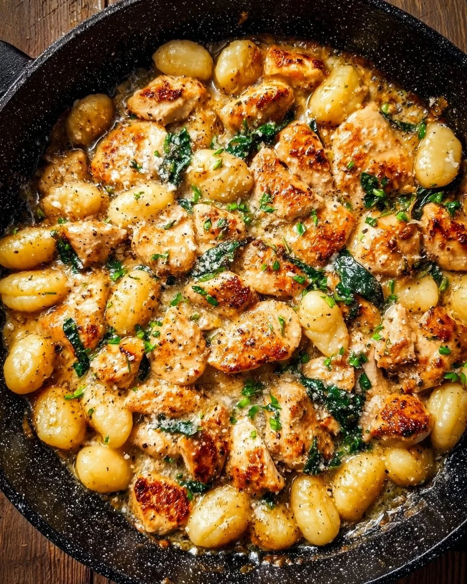Garlic Chicken Gnocchi Skillet with vibrant vegetables and rich sauce