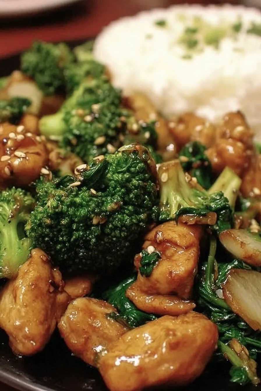 Garlic Chicken cooked with broccoli and spinach served on a plate