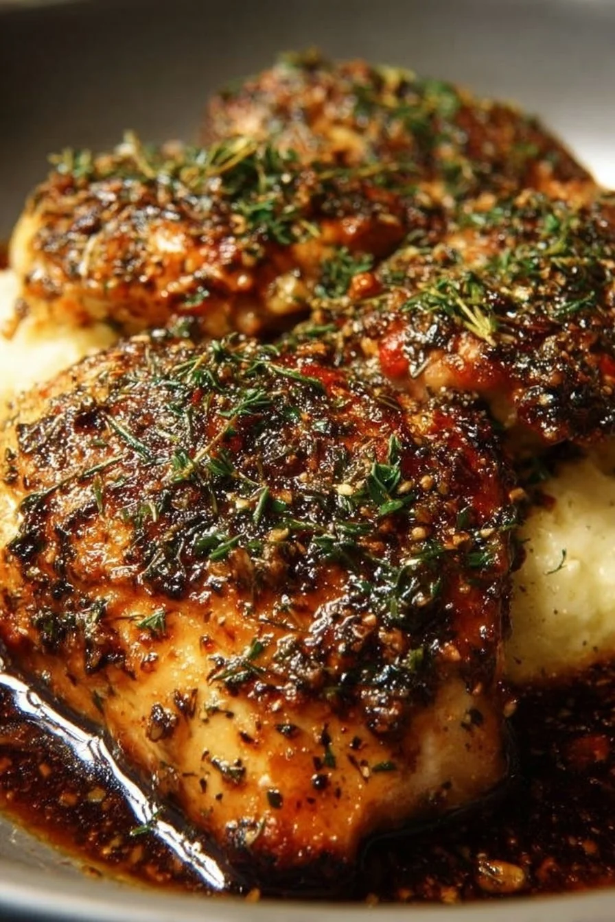 Delicious Garlic Herb Chicken garnished with fresh herbs and spices.