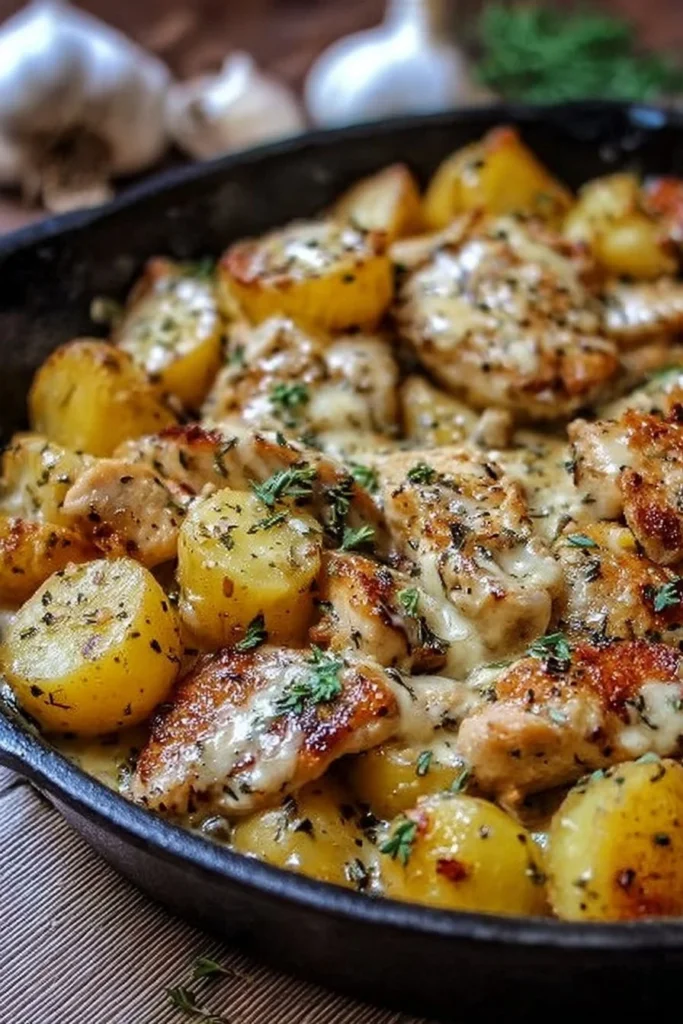 Garlic Parmesan Chicken and Potatoes Skillet in a cast-iron skillet, garnished with herbs