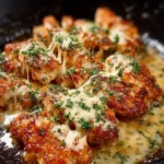 Garlic Parmesan Chicken Skillet with herbs and spices in a frying pan