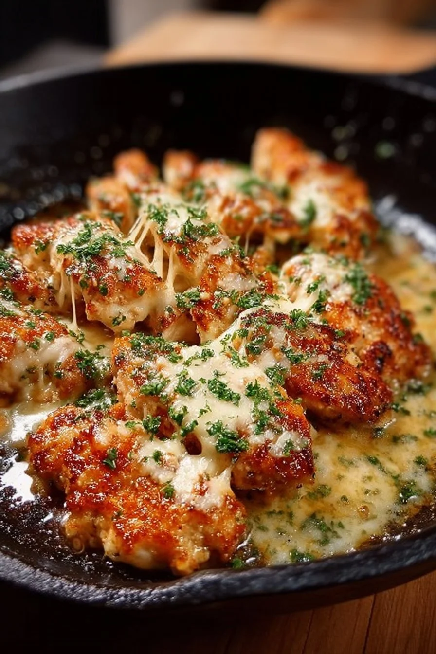 Garlic Parmesan Chicken Skillet with herbs and spices in a frying pan