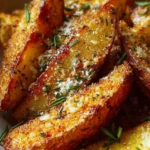 Plate of Garlic Parmesan Potato Wedges with herbs and spices