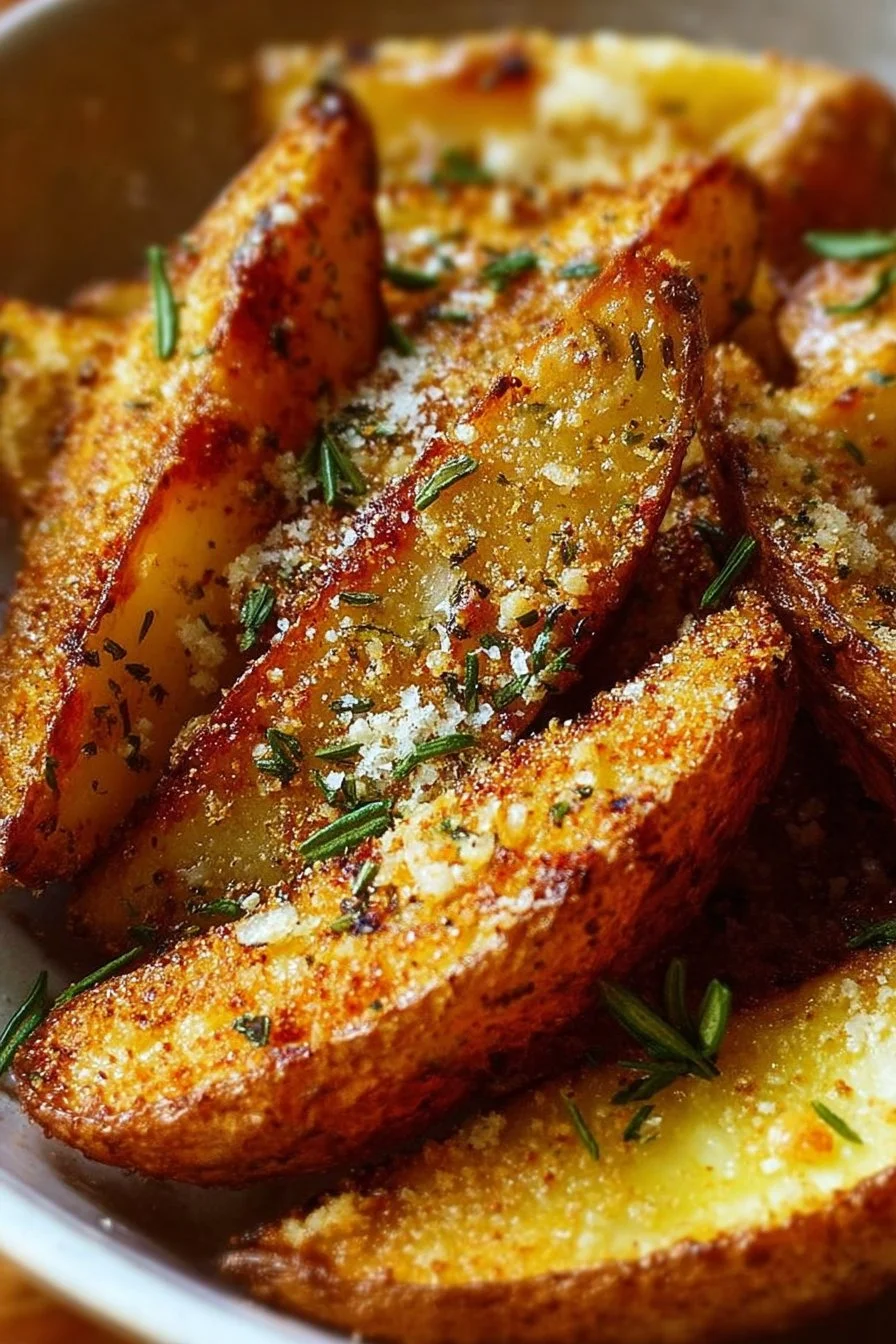 Plate of Garlic Parmesan Potato Wedges with herbs and spices