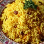 Ginger and Turmeric Aromatic Rice garnished with herbs in a serving dish