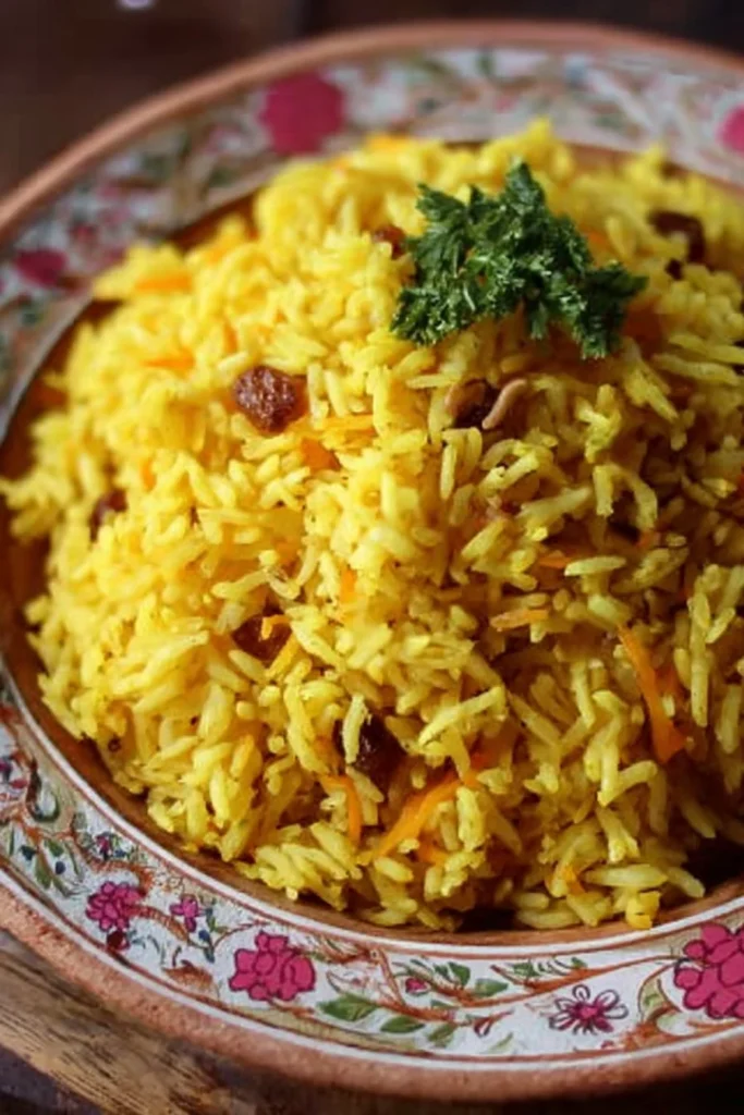 Ginger and Turmeric Aromatic Rice garnished with herbs in a serving dish