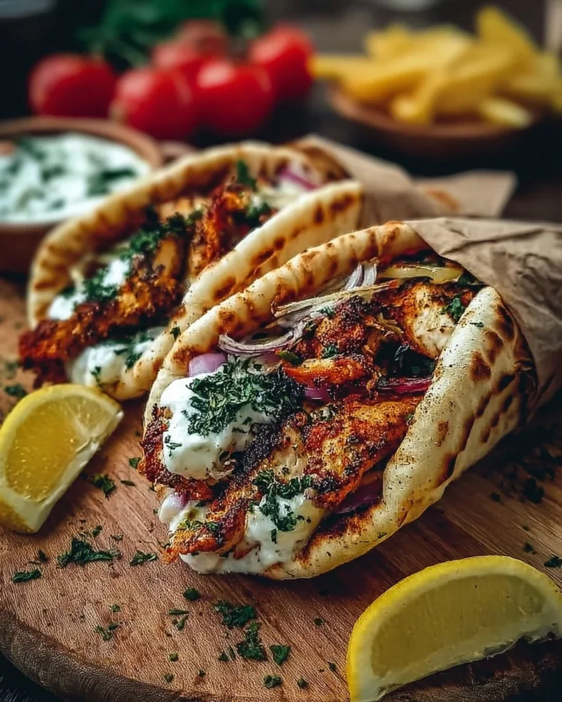 Delicious homemade Mediterranean Chicken Gyros served with fresh veggies.