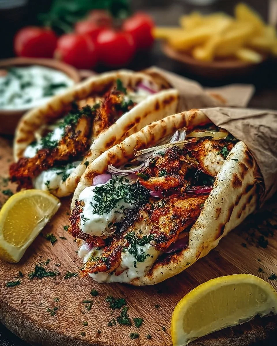 Delicious homemade Mediterranean Chicken Gyros served with fresh veggies.