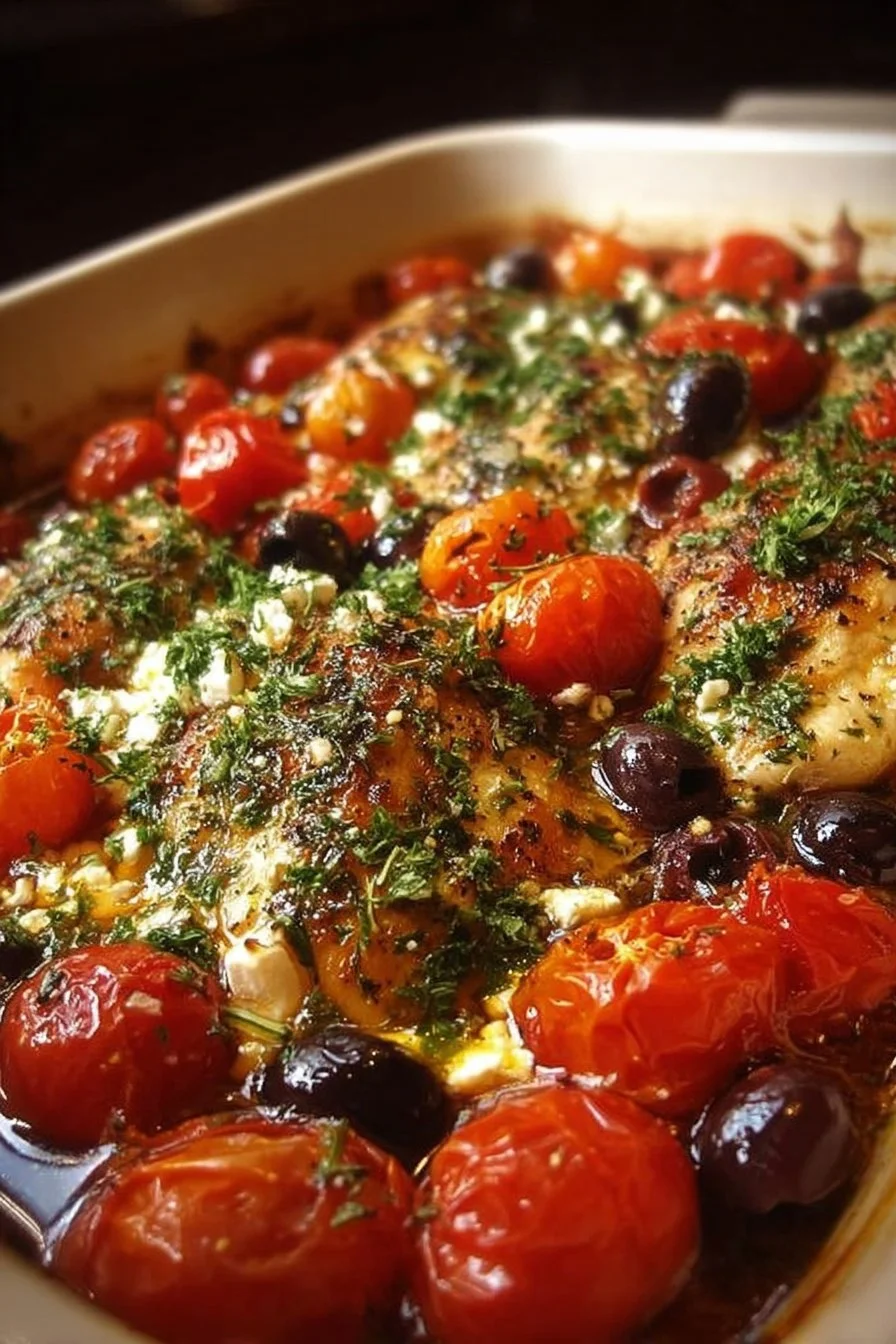 Greek Chicken Bake with feta cheese, olives, and fresh tomatoes in a casserole dish.