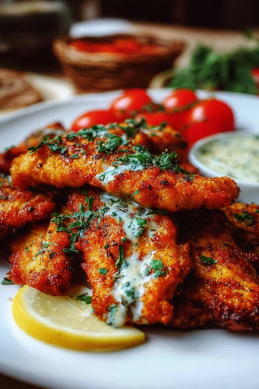 Juicy Greek chicken tenders served with lemon and herbs