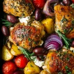 Colorful Greek Sheet Pan Chicken with roasted vegetables on a baking tray