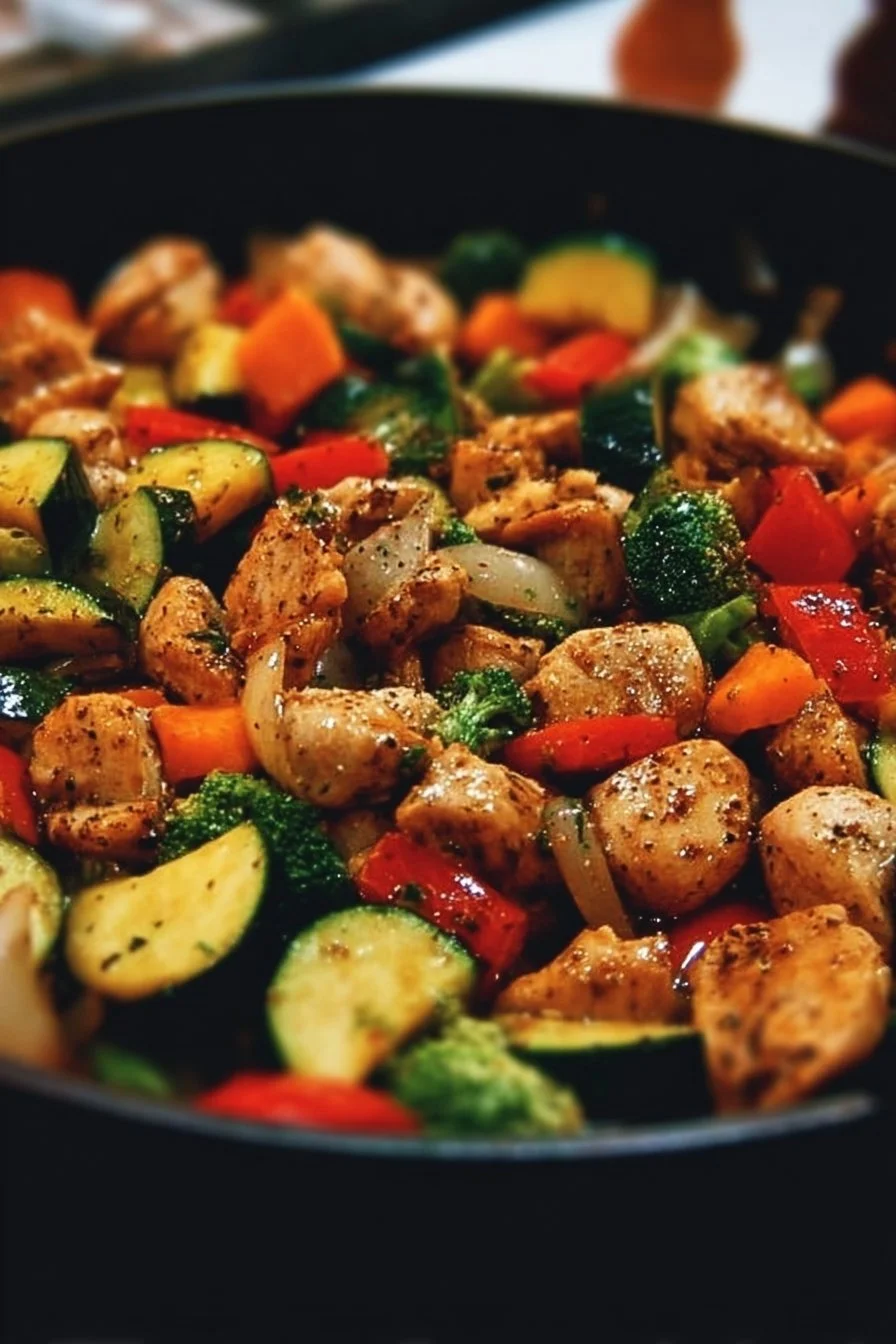 Healthy chicken and vegetables skillet dish with vibrant colors and fresh ingredients