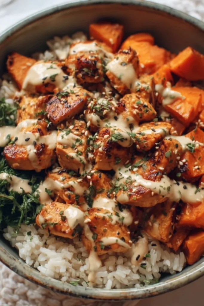 Healthy chicken rice bowl with sweet potatoes and vegetables