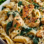 Healthy garlic parmesan chicken pasta dish with herbs and parmesan cheese