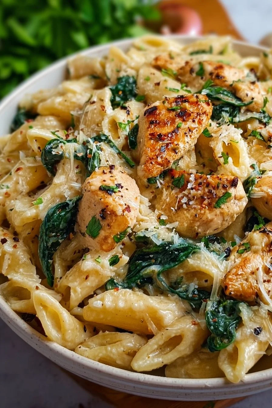 Healthy garlic parmesan chicken pasta dish with herbs and parmesan cheese