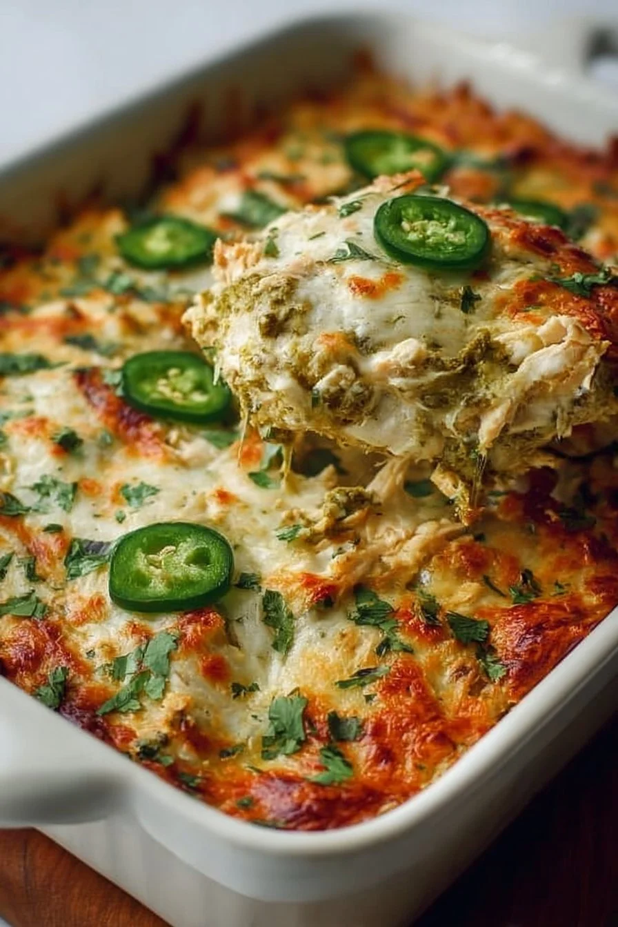 Healthy salsa verde chicken casserole baked with fresh ingredients and topped with cheese