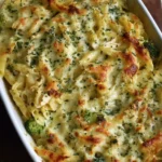 A high protein alfredo bake topped with cheese and herbs in a white casserole dish.