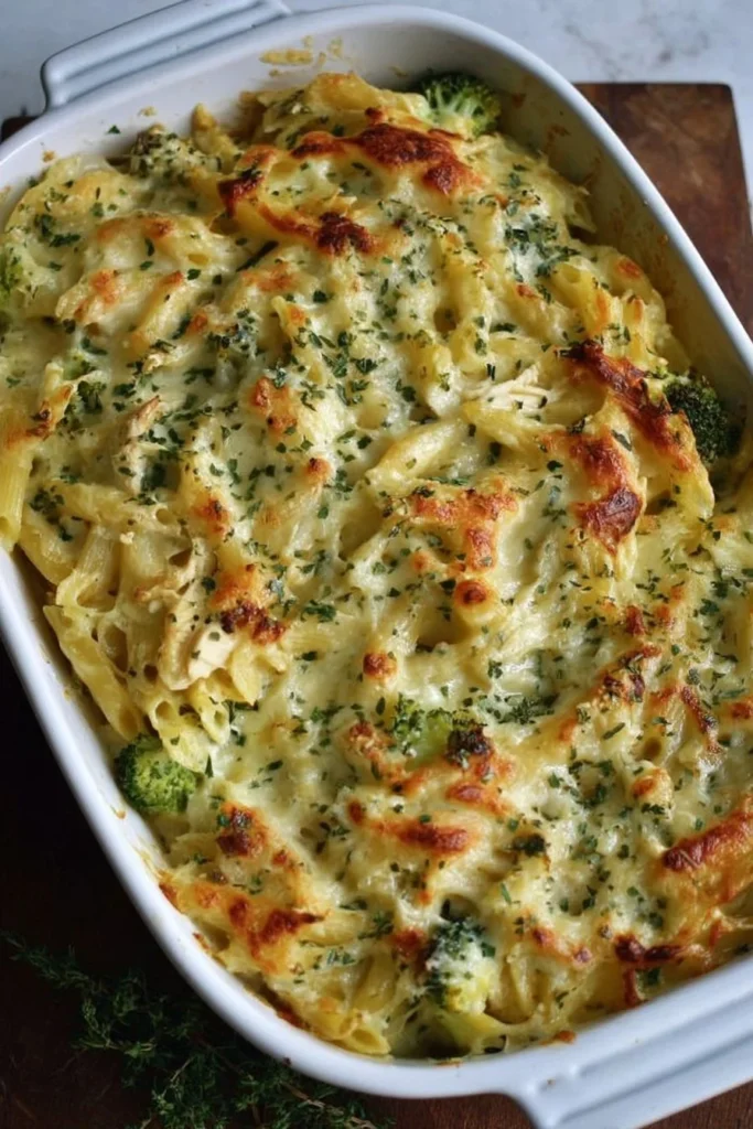 A high protein alfredo bake topped with cheese and herbs in a white casserole dish.