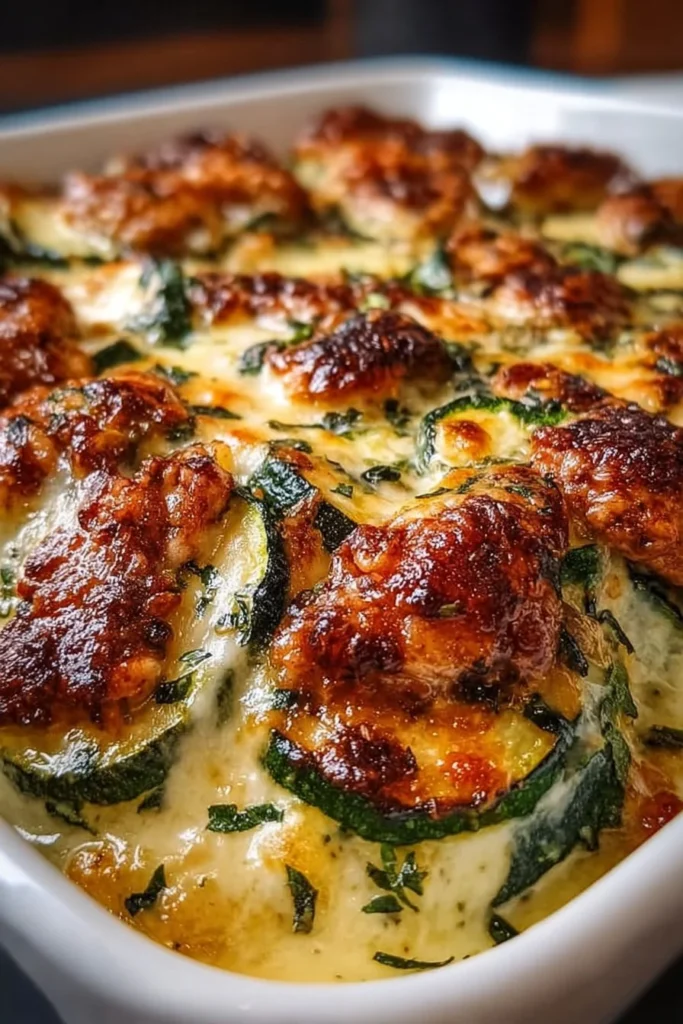 High Protein Chicken Zucchini Bake served in a dish with fresh herbs on top
