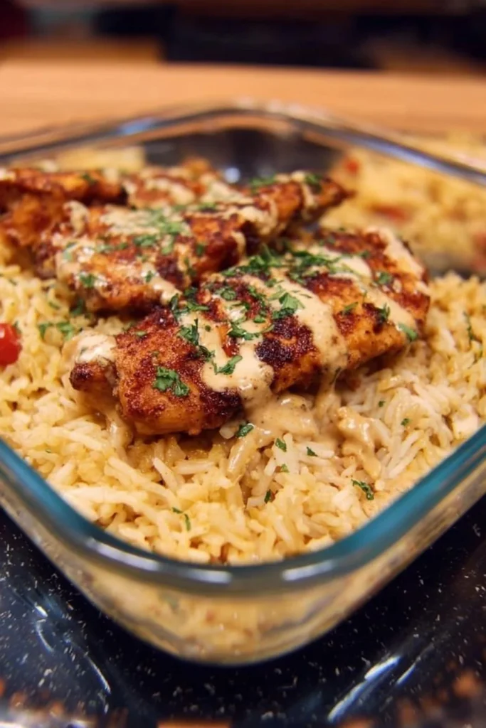 High Protein Creamy Cajun Chicken served over rice in a bowl