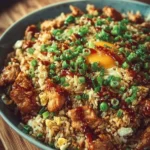Plate of high protein crispy garlic chicken fried rice garnished with herbs.