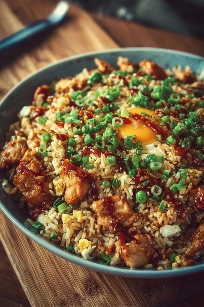 Plate of high protein crispy garlic chicken fried rice garnished with herbs.