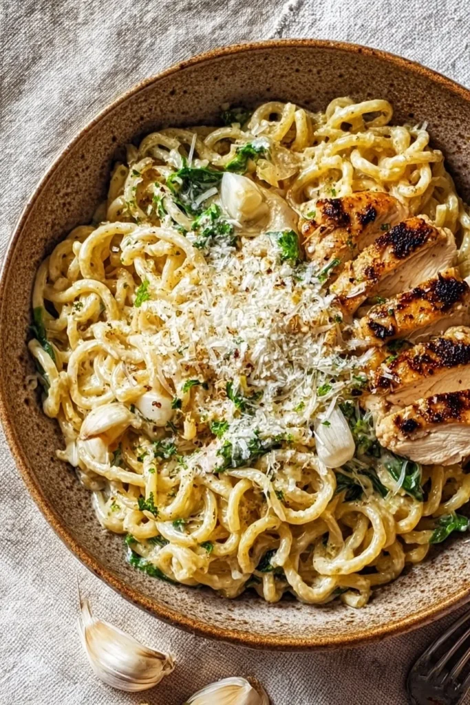 High Protein Garlic Parmesan Pasta Bowl with 384 calories and 36g protein