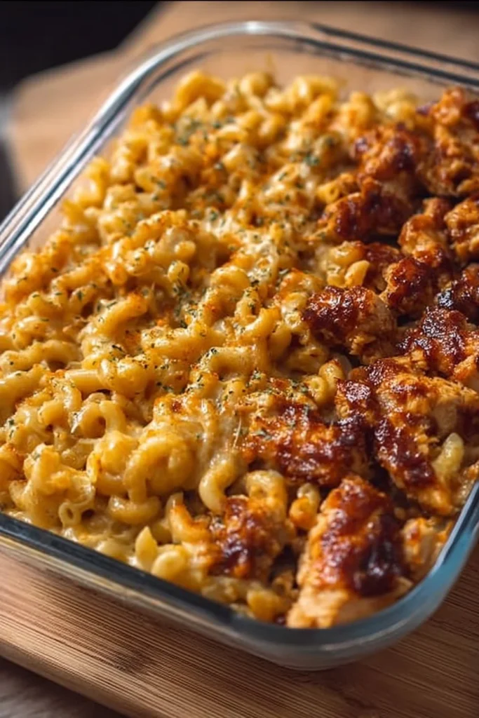 High protein honey BBQ chicken mac & cheese meal prep in a meal container