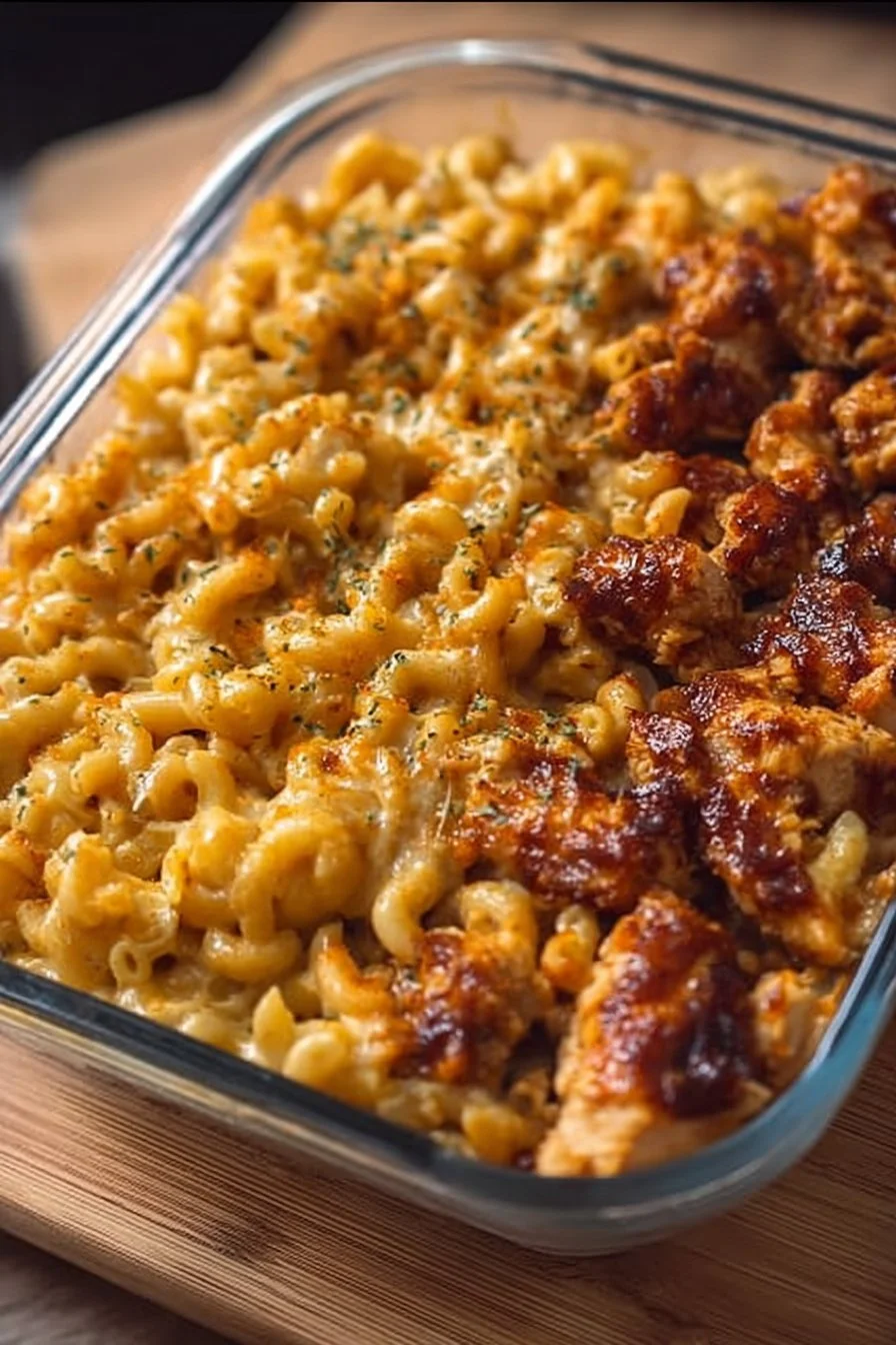 High protein honey BBQ chicken mac & cheese meal prep in a meal container