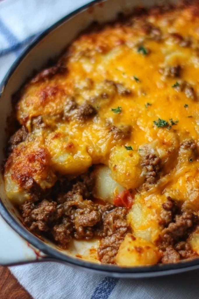 Hobo Casserole with ground beef, vegetables, and cheese baked in a delicious layer.