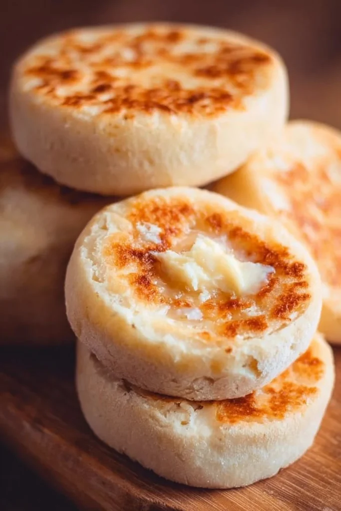 Freshly baked homemade English muffins on a wooden cutting board