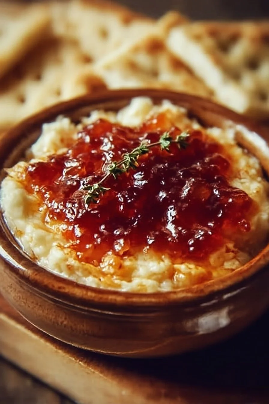 Creamy homemade pepper jelly cheese dip with crackers on a platter