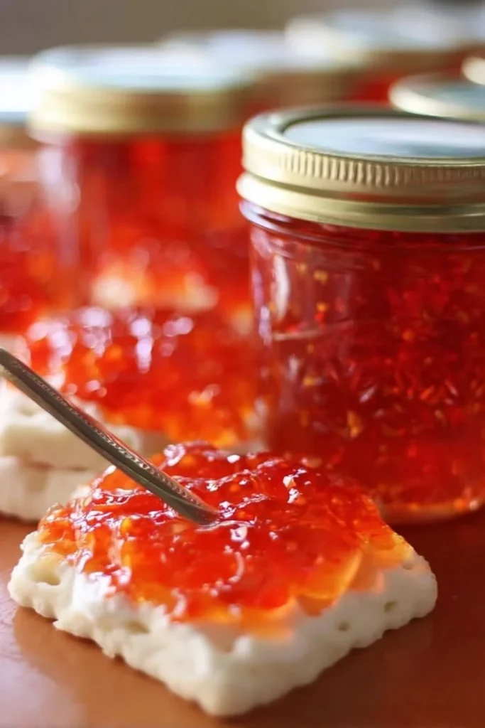 Homemade red pepper jelly in a jar with a spoon