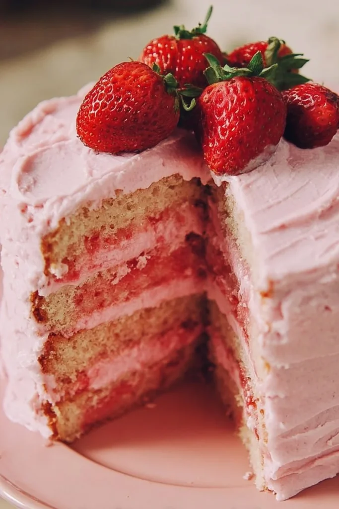 Delicious homemade strawberry cake with vibrant strawberry frosting
