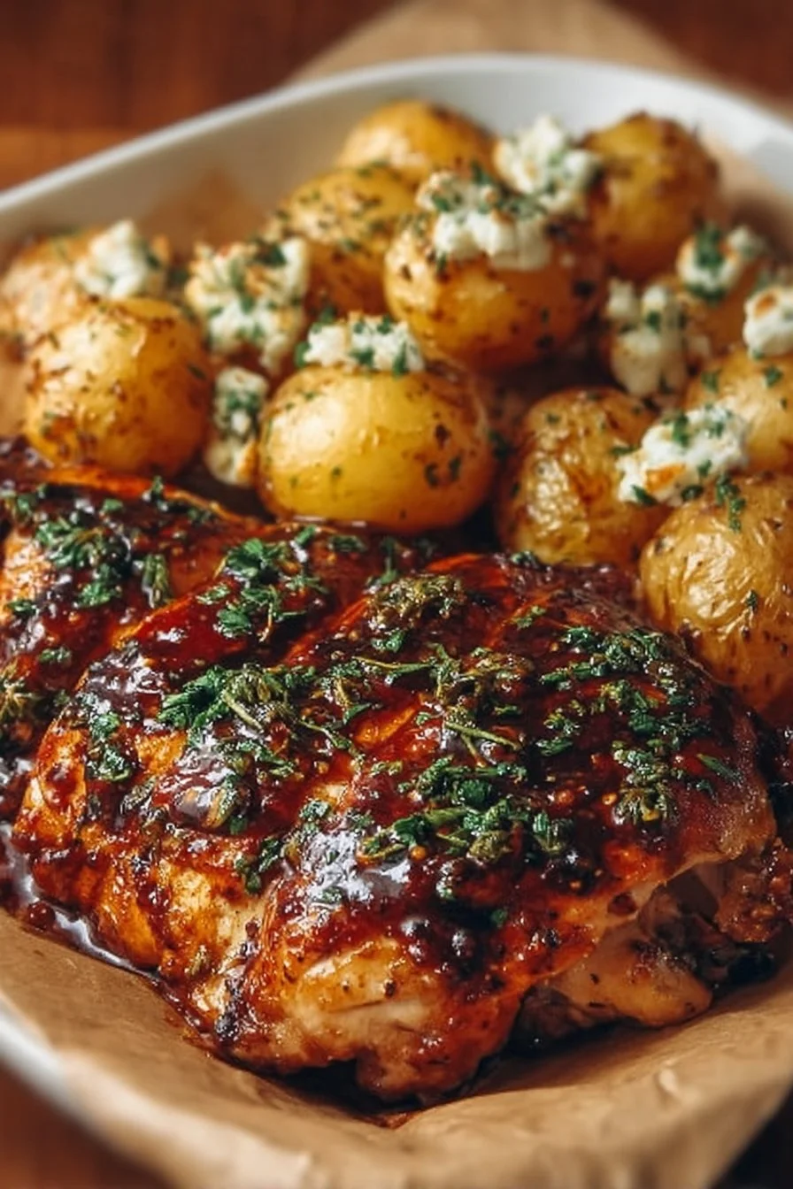 Honey BBQ Chicken served with Garlic Parmesan Potatoes on a plate