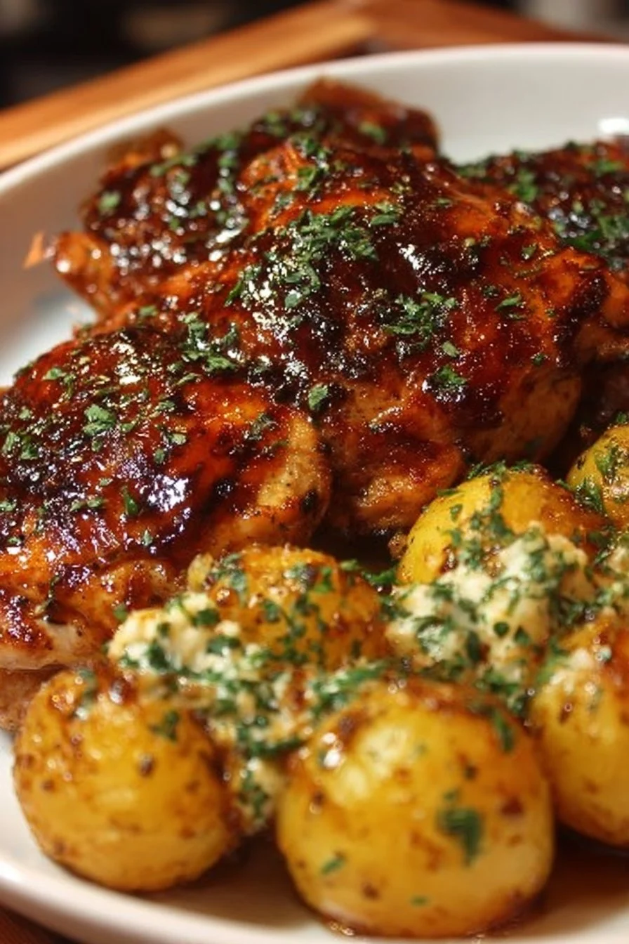 Plate of Honey BBQ Chicken served with garlic parmesan potatoes