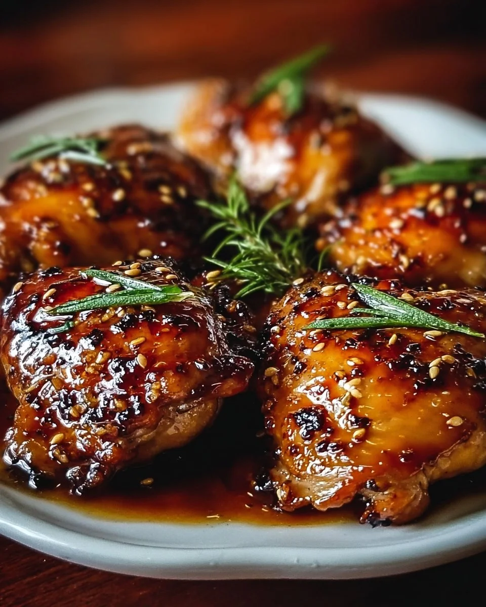 Glazed Honey Garlic Chicken Thighs served on a plate with fresh herbs