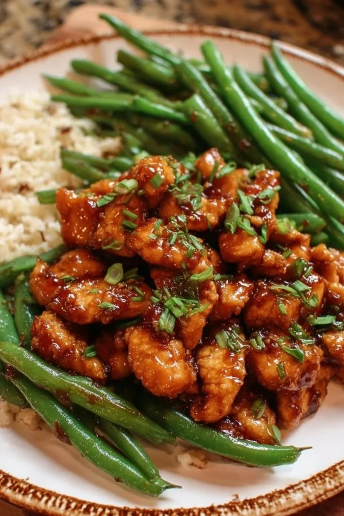 Honey Garlic Chicken with Green Beans served on a plate