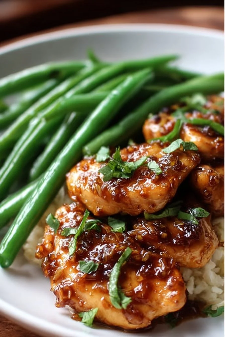 Honey Garlic Chicken served with fresh green beans on a plate