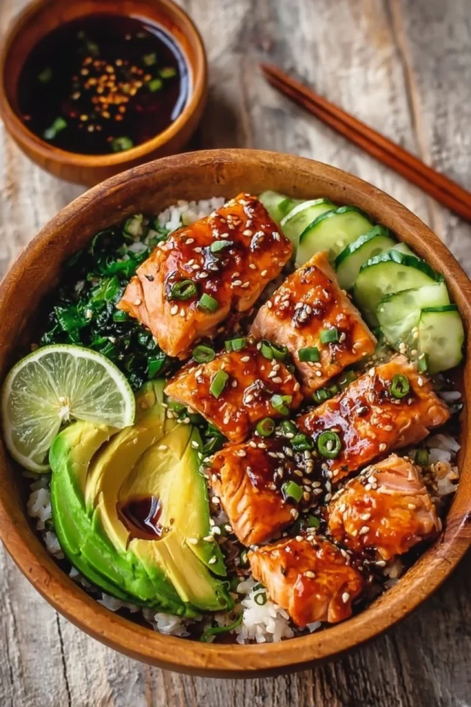 Honey glazed salmon bowl with fresh vegetables and rice for a healthy dinner