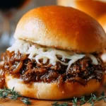 Plate of irresistible French Onion Beef Sloppy Joes topped with melted cheese.