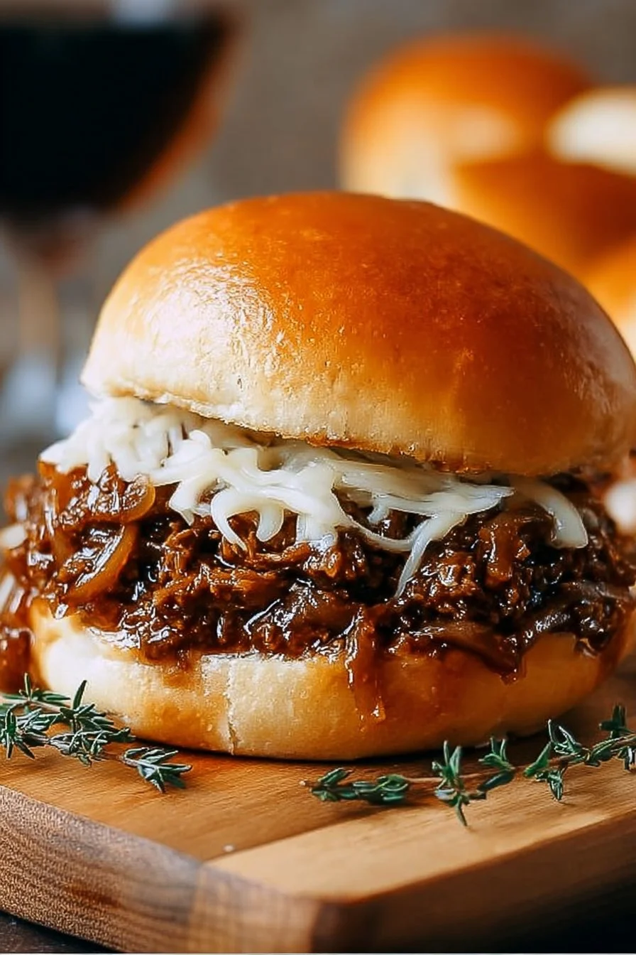 Plate of irresistible French Onion Beef Sloppy Joes topped with melted cheese.
