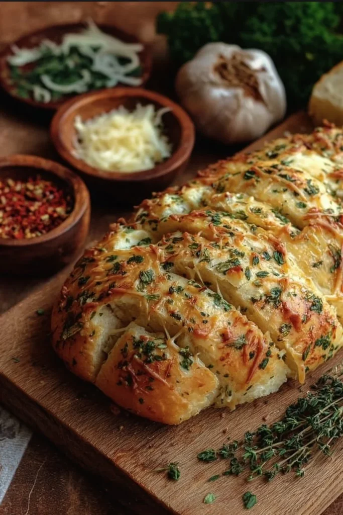 Freshly baked Italian Herbs and Cheese Bread with herbs and cheese topping