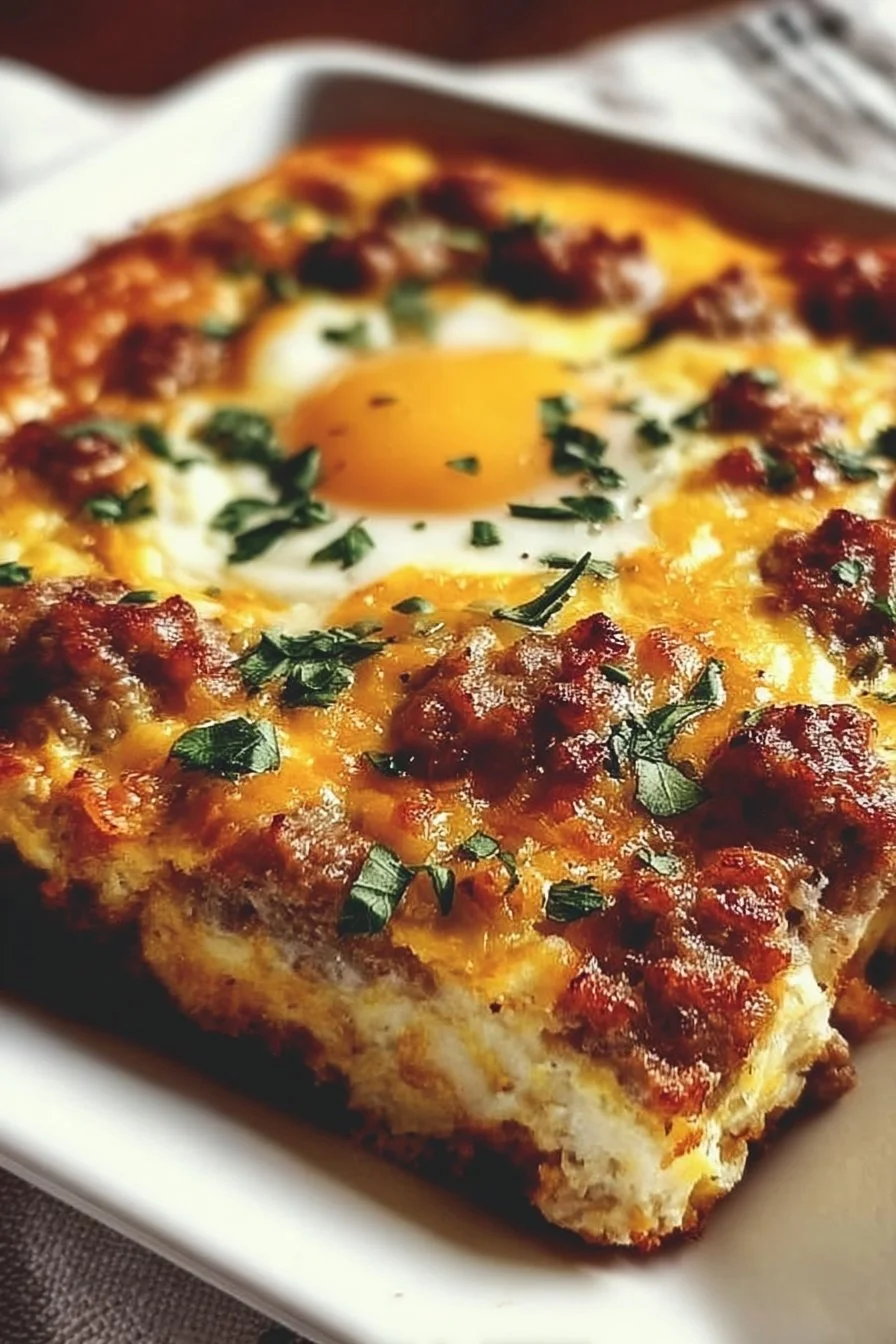 Keto Sausage Egg Bake with cheese and sausage in a baking dish