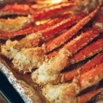 Baked king crab legs served with lemon and butter on a plate