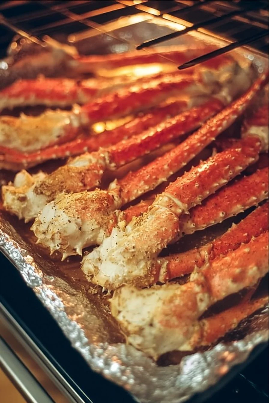 Baked king crab legs served with lemon and butter on a plate