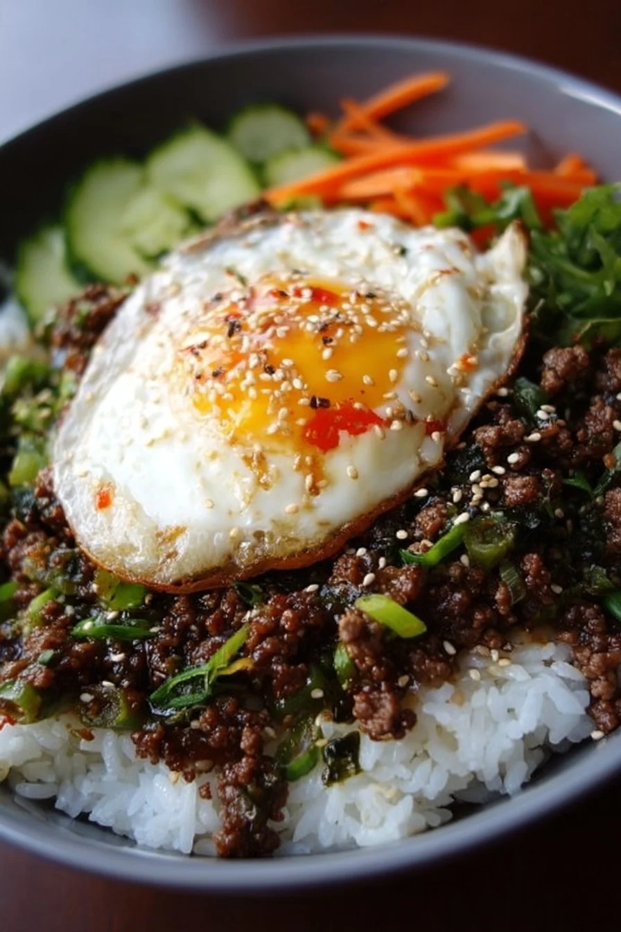 Delicious Korean Ground Beef Bowl garnished with vegetables and sesame seeds